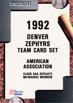 1992 Fleer ProCards #2658 Denver Zephyrs Checklist Front