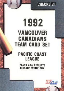 1992 Fleer ProCards #2736 Vancouver Canadians Checklist Front