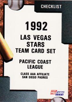 1992 Fleer ProCards #2812 Las Vegas Stars Checklist Front