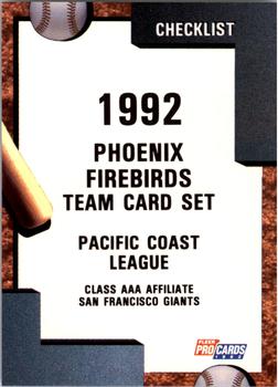1992 Fleer ProCards #2839 Phoenix Firebirds Checklist Front