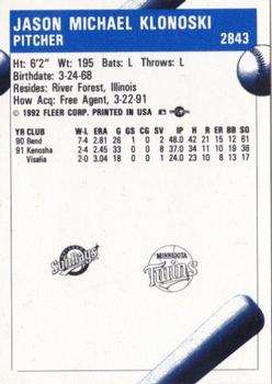 1992 Fleer ProCards #2843 Jason Klonoski Back