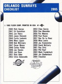 1992 Fleer ProCards #2865 Orlando Sun Rays Checklist Back