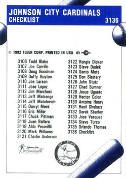 1992 Fleer ProCards #3136 Johnson City Cardinals Checklist Back