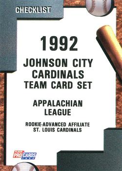 1992 Fleer ProCards #3136 Johnson City Cardinals Checklist Front