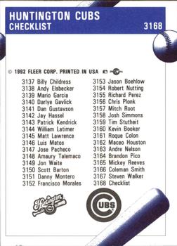 1992 Fleer ProCards #3168 Huntington Cubs Checklist Back