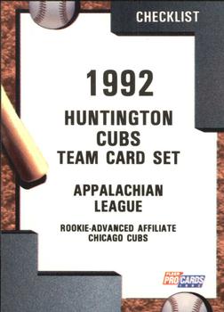 1992 Fleer ProCards #3168 Huntington Cubs Checklist Front