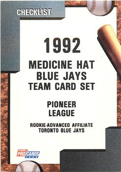 1992 Fleer ProCards #3224 Medicine Hat Blue Jays Checklist Front