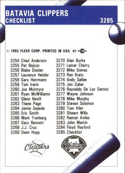 1992 Fleer ProCards #3285 Batavia Clippers Checklist Back