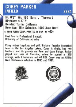 1992 Fleer ProCards #3334 Corey Parker Back
