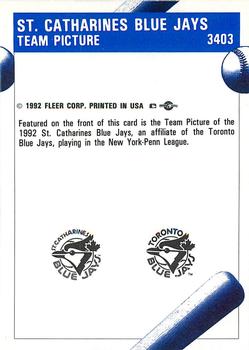 1992 Fleer ProCards #3403 St. Catharines Blue Jays Team Picture Back