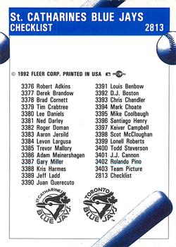 1992 Fleer ProCards #2813 St. Catharines Blue Jays Checklist Back