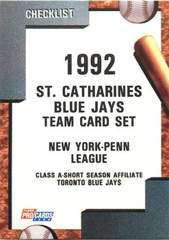 1992 Fleer ProCards #2813 St. Catharines Blue Jays Checklist Front