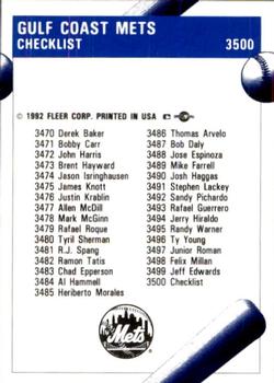 1992 Fleer ProCards #3500 Gulf Coast Mets Checklist Back