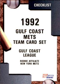 1992 Fleer ProCards #3500 Gulf Coast Mets Checklist Front