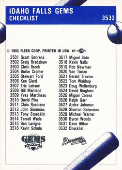1992 Fleer ProCards #3532 Idaho Falls Gems Checklist Back