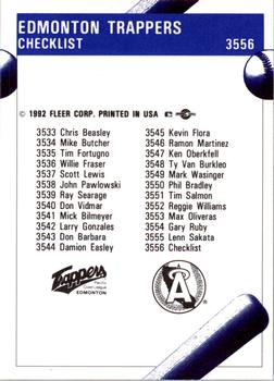 1992 Fleer ProCards #3556 Edmonton Trappers Checklist Back