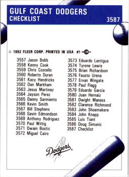 1992 Fleer ProCards #3587 GCL Dodgers Checklist Back