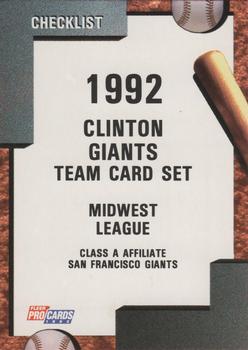 1992 Fleer ProCards #3779 Clinton Giants Checklist Front