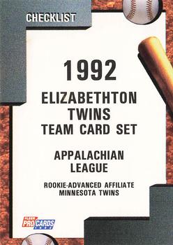 1992 Fleer ProCards #3699 Elizabethton Twins Checklist Front