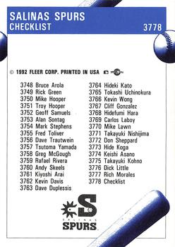 1992 Fleer ProCards #3778 Salinas Spurs Checklist Back
