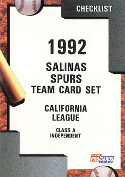 1992 Fleer ProCards #3778 Salinas Spurs Checklist Front