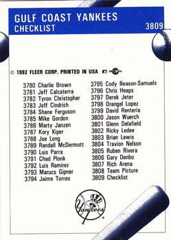 1992 Fleer ProCards #3809 GCL Yankees Checklist Back