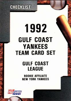 1992 Fleer ProCards #3809 GCL Yankees Checklist Front