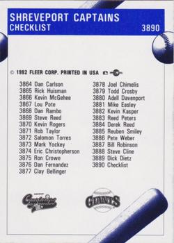 1992 Fleer ProCards #3890 Shreveport Captains Checklist Back
