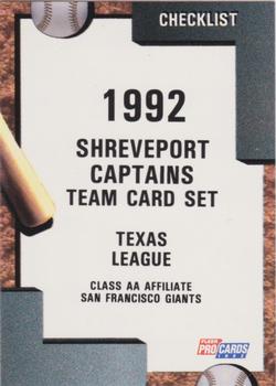 1992 Fleer ProCards #3890 Shreveport Captains Checklist Front