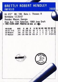 1992 Fleer ProCards #3906 Brett Hendley Back