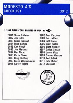 1992 Fleer ProCards #3912 Modesto A's Checklist Back