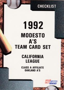1992 Fleer ProCards #3912 Modesto A's Checklist Front
