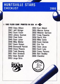 1992 Fleer ProCards #3966 Huntsville Stars Checklist Back