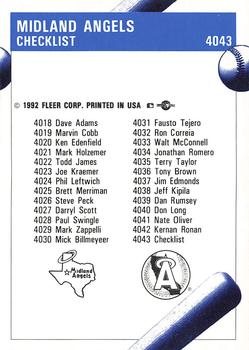 1992 Fleer ProCards #4043 Midland Angels Checklist Back