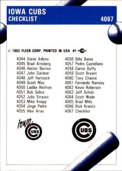 1992 Fleer ProCards #4067 Iowa Cubs Checklist Back
