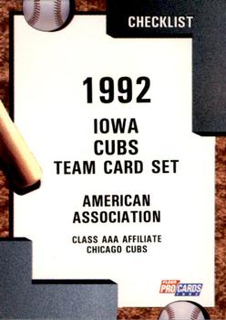 1992 Fleer ProCards #4067 Iowa Cubs Checklist Front