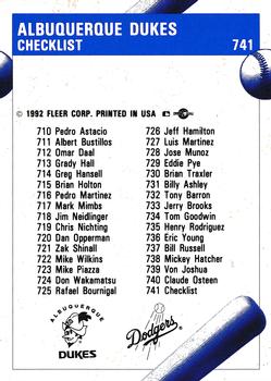 1992 Fleer ProCards #741 Albuquerque Dukes Checklist Back