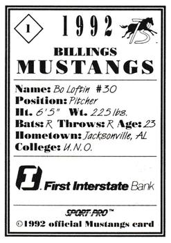 1992 Sport Pro Billings Mustangs #1 Bo Loftin Back