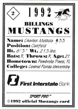1992 Sport Pro Billings Mustangs #2 Chad Mottola Back