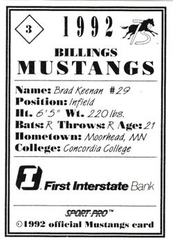 1992 Sport Pro Billings Mustangs #3 Brad Keenan Back