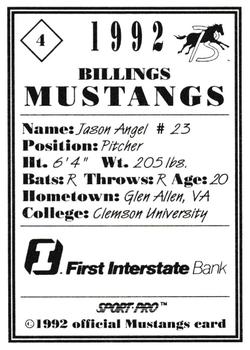 1992 Sport Pro Billings Mustangs #4 Jason Angel Back