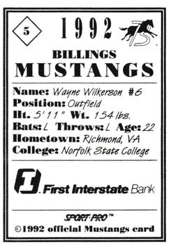 1992 Sport Pro Billings Mustangs #5 Wayne Wilkerson Back
