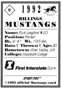 1992 Sport Pro Billings Mustangs #9 Rich Langford Back
