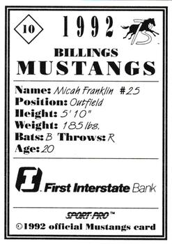 1992 Sport Pro Billings Mustangs #10 Micah Franklin Back