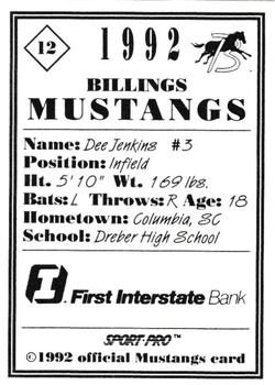 1992 Sport Pro Billings Mustangs #12 Dee Jenkins Back