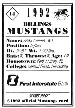 1992 Sport Pro Billings Mustangs #14 Mike Collins Back