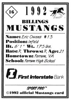 1992 Sport Pro Billings Mustangs #16 Eric Owens Back