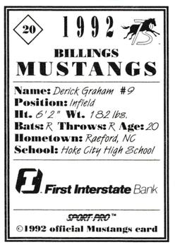 1992 Sport Pro Billings Mustangs #20 Derick Graham Back