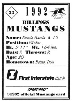 1992 Sport Pro Billings Mustangs #23 Fermin Garcia Back