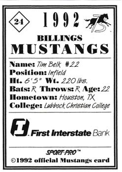 1992 Sport Pro Billings Mustangs #24 Tim Belk Back